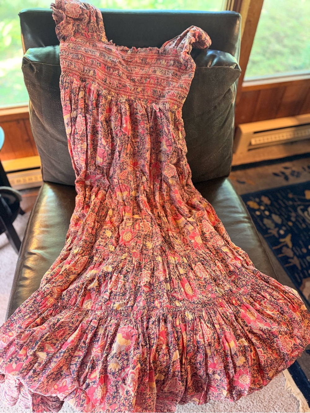 Free People Getaway MaxiDress L Red Floral Smocked & Tiered Maxi Dress - Excelle